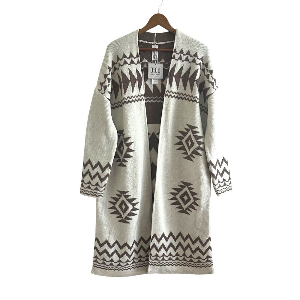 Haute Hippie Aztec Long Cardigan M Reversible Duster Cream Brown Boho Western - Picture 2 of 13